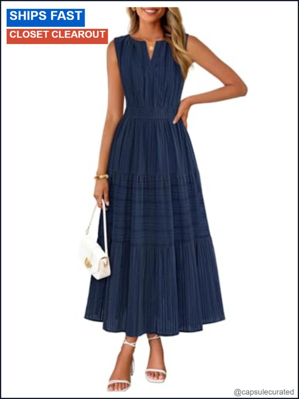 MEROKEETY Cotton Sleeveless V Neck Midi Dress with Pockets Casual Summer